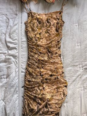 Snake-Print Ruched Slip Dress in Beige and Olive